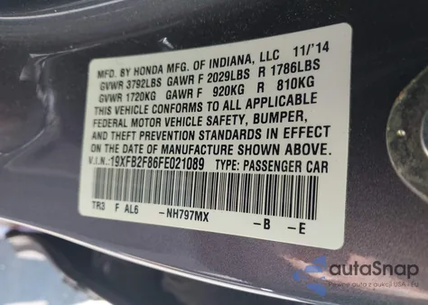 2015 Honda Civic Ex из США, поврежденный, VIN 19XFB2F86FE021089